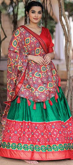 Reception, Wedding Green, Red and Maroon color Lehenga in Dolla Silk fabric with Flared Foil Print, Printed work : 1946852