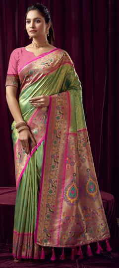 Party Wear, Reception, Traditional Green color Saree in Kanchipuram Silk fabric with South Weaving work : 1946896