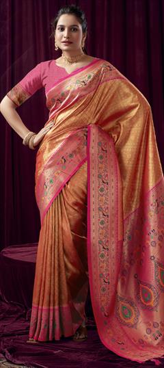 Party Wear, Reception, Traditional Yellow color Saree in Kanchipuram Silk fabric with South Weaving work : 1946897