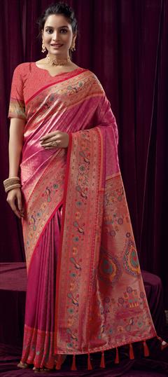 Party Wear, Reception, Traditional Pink and Majenta color Saree in Kanchipuram Silk fabric with South Weaving work : 1946899