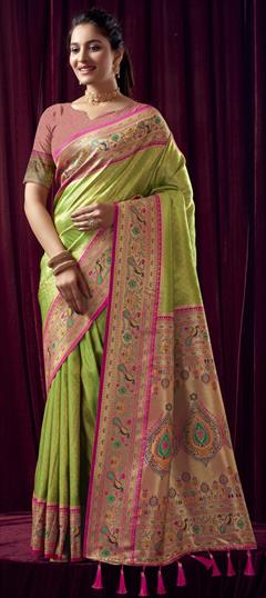Party Wear, Reception, Traditional Green color Saree in Kanchipuram Silk fabric with South Weaving work : 1946900
