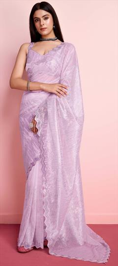 Festive, Reception Purple and Violet color Saree in Net fabric with Classic Embroidered, Sequence work : 1946902