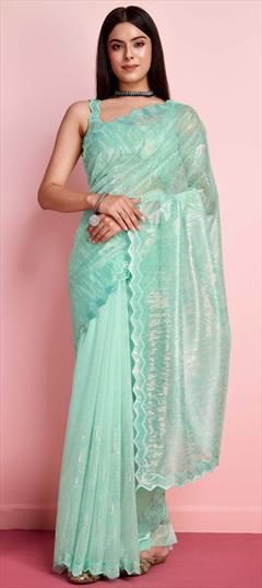 Festive, Reception Blue, Green color Saree in Net fabric with Classic Embroidered, Sequence work : 1946903