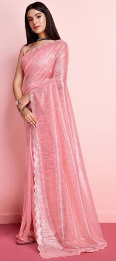 Festive, Reception Pink and Majenta color Saree in Net fabric with Classic Embroidered, Sequence work : 1946904