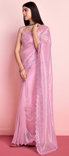 Festive, Reception Pink and Majenta color Saree in Net fabric with Classic Embroidered, Sequence work : 1946906
