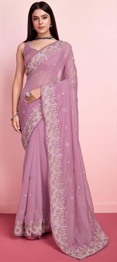 Festive, Party Wear, Reception Purple and Violet color Saree in Organza Silk fabric with Classic Embroidered, Thread work : 1946908