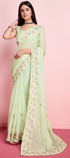Festive, Party Wear, Reception Green color Saree in Organza Silk fabric with Classic Embroidered, Thread work : 1946909