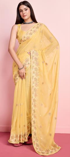 Festive, Party Wear, Reception Yellow color Saree in Organza Silk fabric with Classic Embroidered, Thread work : 1946910