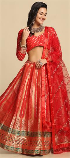 Engagement, Festive, Mehendi Sangeet Red and Maroon color Lehenga in Jacquard fabric with Flared Weaving work : 1946914