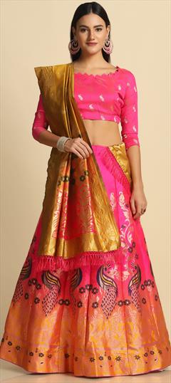 Engagement, Festive, Mehendi Sangeet Multicolor color Lehenga in Jacquard fabric with Flared Weaving work : 1946915