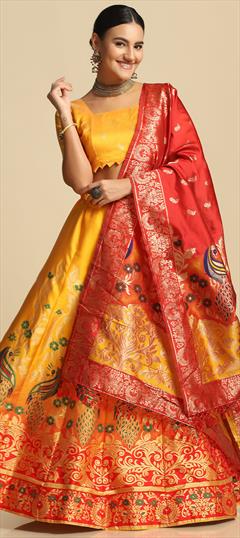 Engagement, Festive, Mehendi Sangeet Multicolor color Lehenga in Jacquard fabric with Flared Weaving work : 1946917