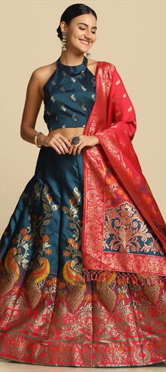 Engagement, Festive, Mehendi Sangeet Multicolor color Lehenga in Jacquard fabric with Flared Weaving work : 1946918