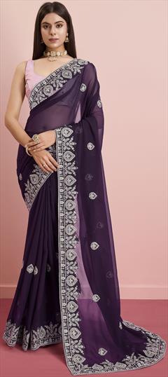 Festive, Reception Purple and Violet color Saree in Georgette fabric with Classic Embroidered, Thread work : 1946921