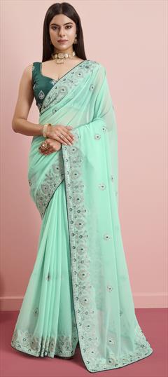 Festive, Reception Blue color Saree in Georgette fabric with Classic Embroidered, Thread work : 1946923
