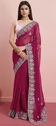 Festive, Reception Red and Maroon color Saree in Georgette fabric with Classic Embroidered, Thread work : 1946924