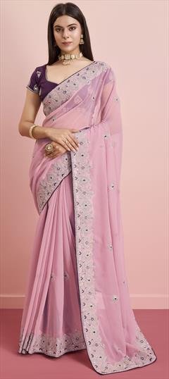 Festive, Reception Pink and Majenta color Saree in Georgette fabric with Classic Embroidered, Thread work : 1946926