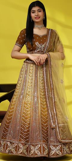 Engagement, Reception, Wedding Beige and Brown color Ready to Wear Lehenga in Net fabric with Flared Embroidered, Sequence work : 1946929