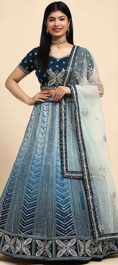 Engagement, Reception, Wedding Blue color Ready to Wear Lehenga in Net fabric with Flared Embroidered, Sequence work : 1946930