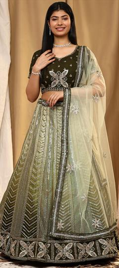 Engagement, Reception, Wedding Green color Ready to Wear Lehenga in Net fabric with Flared Embroidered, Sequence work : 1946931
