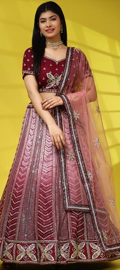 Engagement, Reception, Wedding Red and Maroon color Ready to Wear Lehenga in Net fabric with Flared Embroidered, Sequence work : 1946932