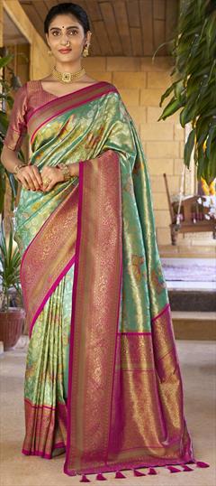 Festive, Traditional Green color Saree in Kanchipuram Silk fabric with South Weaving work : 1946935