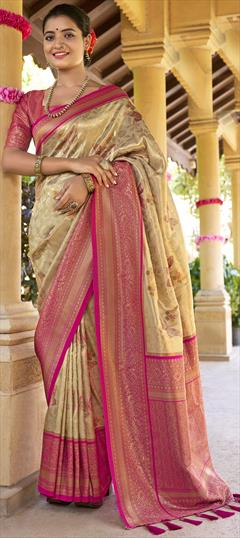 Festive, Traditional Beige and Brown color Saree in Kanchipuram Silk fabric with South Weaving work : 1946940