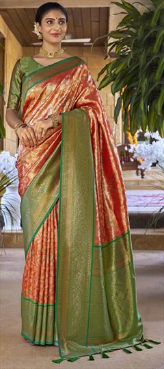 Festive, Traditional Orange color Saree in Kanchipuram Silk fabric with South Weaving work : 1946941
