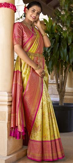 Festive, Traditional Yellow color Saree in Kanchipuram Silk fabric with South Weaving work : 1946942
