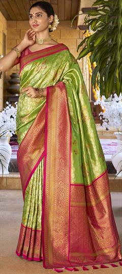 Festive, Traditional Green color Saree in Kanchipuram Silk fabric with South Weaving work : 1946943