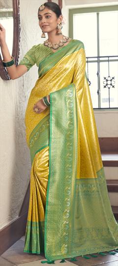 Party Wear, Traditional Yellow color Saree in Kanchipuram Silk fabric with South Weaving work : 1946945
