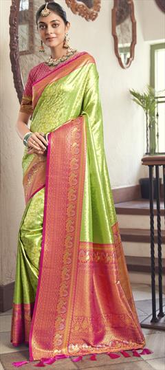 Party Wear, Traditional Green color Saree in Kanchipuram Silk fabric with South Weaving work : 1946946