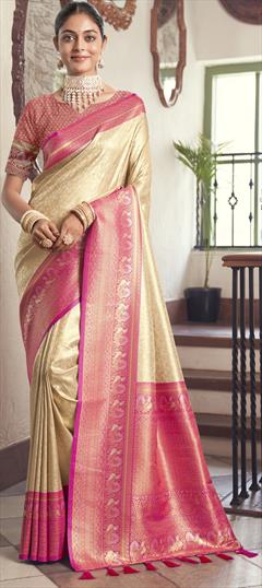 Party Wear, Traditional Beige and Brown color Saree in Kanjeevaram Silk fabric with South Weaving work : 1946949