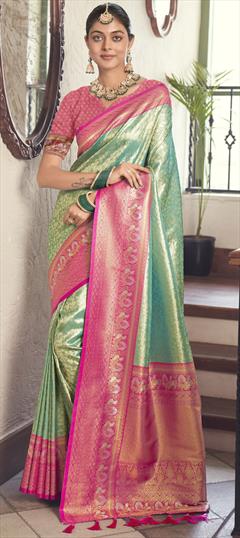 Reception, Traditional Green color Saree in Kanchipuram Silk fabric with South Weaving work : 1946953