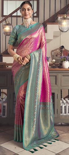 Party Wear, Traditional Pink and Majenta color Saree in Kanchipuram Silk fabric with South Weaving work : 1946955