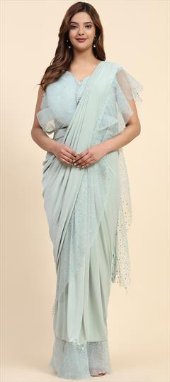Engagement, Reception, Wedding Blue color Readymade Saree in Lycra fabric with Classic Sequence work : 1946957
