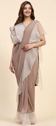 Engagement, Reception, Wedding Beige and Brown color Readymade Saree in Lycra fabric with Classic Sequence work : 1946960