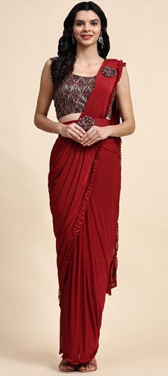 Engagement, Reception, Wedding Red and Maroon color Readymade Saree in Lycra fabric with Classic Embroidered, Sequence work : 1946961