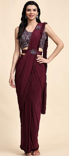 Engagement, Reception, Wedding Red and Maroon color Readymade Saree in Lycra fabric with Classic Embroidered, Sequence work : 1946963