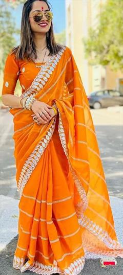 Party Wear, Traditional Orange color Saree in Art Silk fabric with South Embroidered, Sequence, Thread work : 1946966