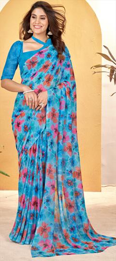 Casual Blue color Saree in Faux Georgette fabric with Classic Floral, Printed work : 1946972