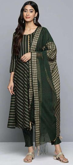 Festive, Party Wear, Reception Green color Salwar Kameez in Cotton fabric with Anarkali Lace work : 1947222