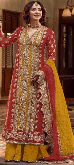 Engagement, Festive, Reception Red and Maroon, Yellow color Salwar Kameez in Organza Silk fabric with Pakistani Bugle Beads, Embroidered, Sequence, Thread work : 1947239