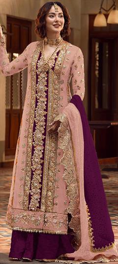 Engagement, Festive, Reception Pink and Majenta, Purple and Violet color Salwar Kameez in Organza Silk fabric with Pakistani Bugle Beads, Embroidered, Sequence, Thread work : 1947244