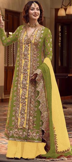 Engagement, Festive, Reception Green, Yellow color Salwar Kameez in Organza Silk fabric with Pakistani Bugle Beads, Embroidered, Sequence, Thread work : 1947246