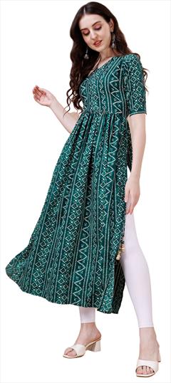 Casual Blue color Kurti in Rayon fabric with Elbow Sleeve, Straight Printed work : 1947250