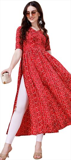 Casual Red and Maroon color Kurti in Rayon fabric with Elbow Sleeve, Straight Printed work : 1947251