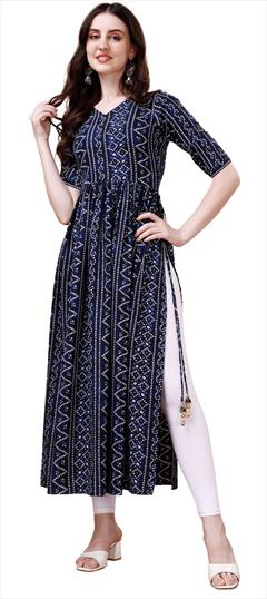 Casual Purple and Violet color Kurti in Rayon fabric with Elbow Sleeve, Straight Printed work : 1947252