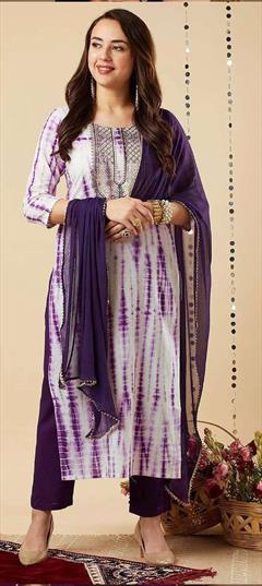 Festive, Party Wear, Reception Purple and Violet color Salwar Kameez in Viscose fabric with Straight Embroidered, Lehariya, Printed work : 1947259