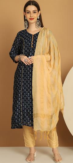 Festive, Party Wear Black and Grey color Salwar Kameez in Chanderi Silk fabric with Straight Block Print work : 1947260