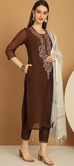 Festive, Party Wear Beige and Brown color Salwar Kameez in Chanderi Silk fabric with Straight Embroidered work : 1947261